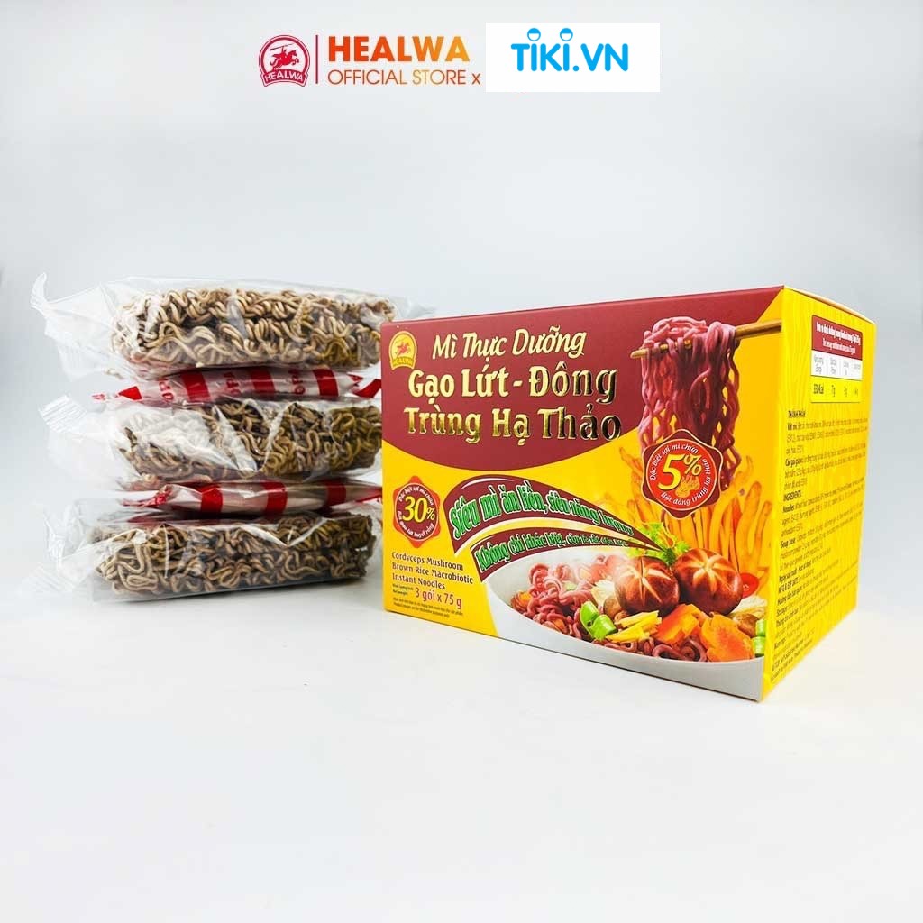 Mì ăn liền Gạo lứt - Đông trùng hạ thảo Healwa (1 hộp x 3 gói x 75g) chua cay nấu khô hay nước dùng chay mặn đều được