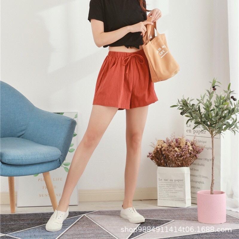 Quần shorts nữ đẹp ống rộng cạp chun chất đũi