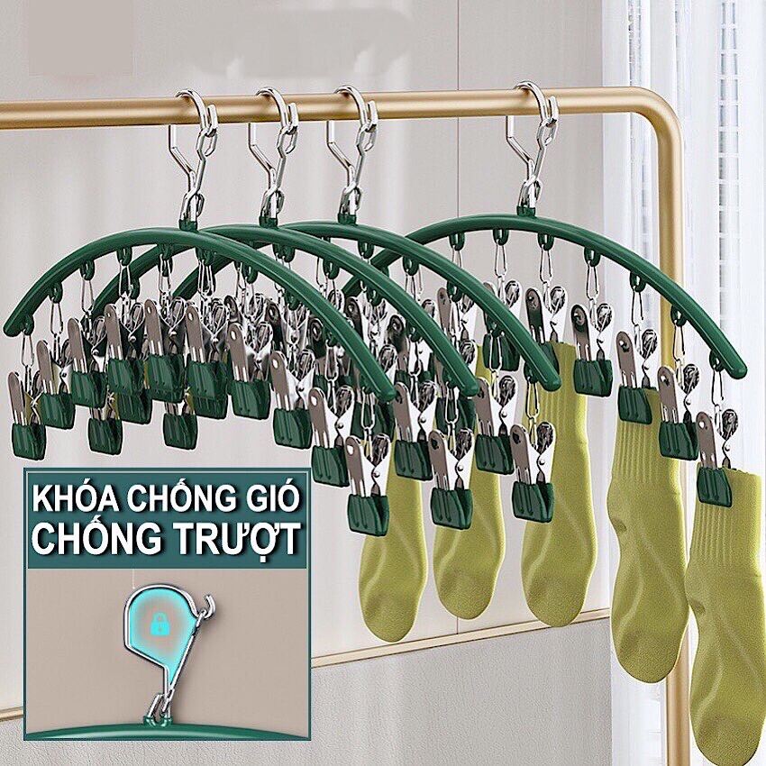 MÓC KẸP INOX MÀU HÌNH VÒNG CUNG GỒM 10 KẸP CÁCH ĐỀU NHAU, DỄ DÀNG PHƠI VÀ TREO VỚ TẤT, KHẨU TRANG, ĐỒ LÓT ĐA NĂNG, CHẤT LIỆU INOX CAO CẤP SIÊU BỀN