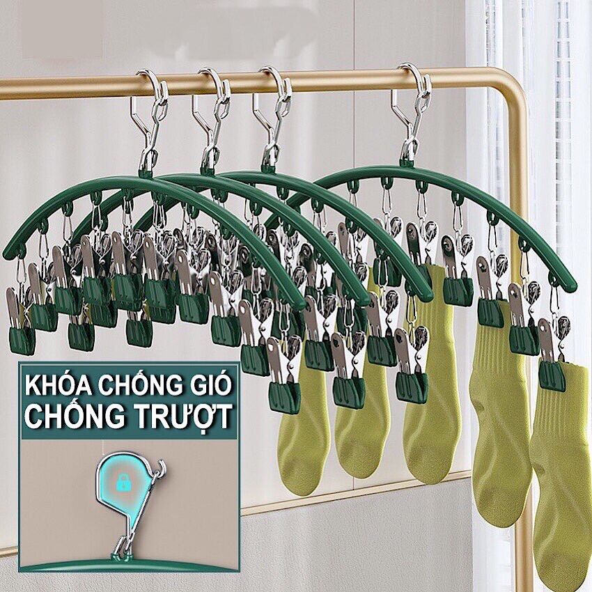 Móc kẹp inox màu gồm 10 móc kẹp treo quần áo, vớ tất, khẩu trang, đồ lót đa năng chống bay, chống xê dịch, nhanh khô, chất liệu inox đầu kẹp bọc silicon an toàn với quần áo gia đình