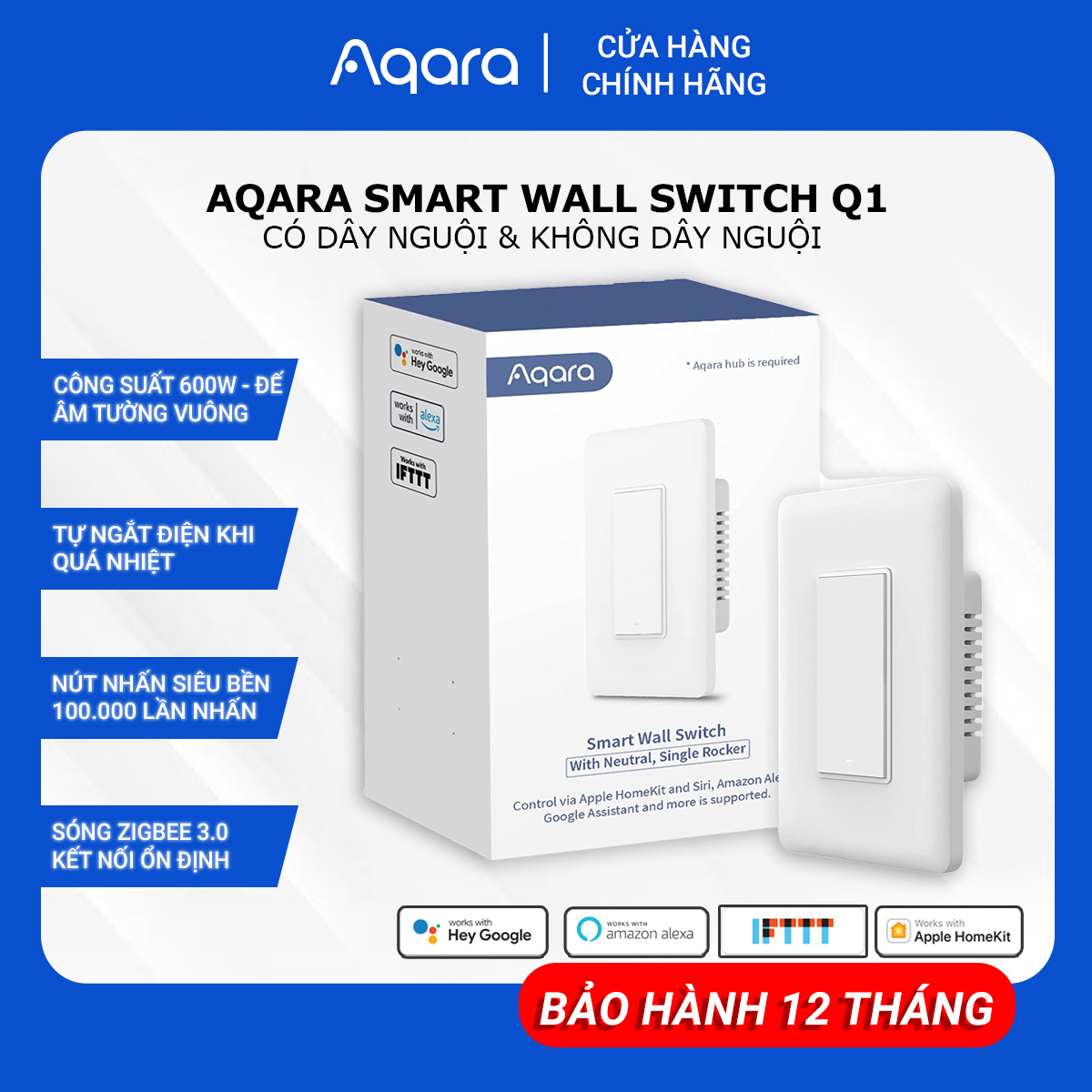 Công Tắc Thông Minh AQARA Q1 Zigbee Bản Có/Không Dây Nguội Điều Khiển Từ Xa Hẹn Giờ Bật Tắt Tương Thích HomeKit, Cần Hub, Hàng Chính Hãng, BH 12 Tháng