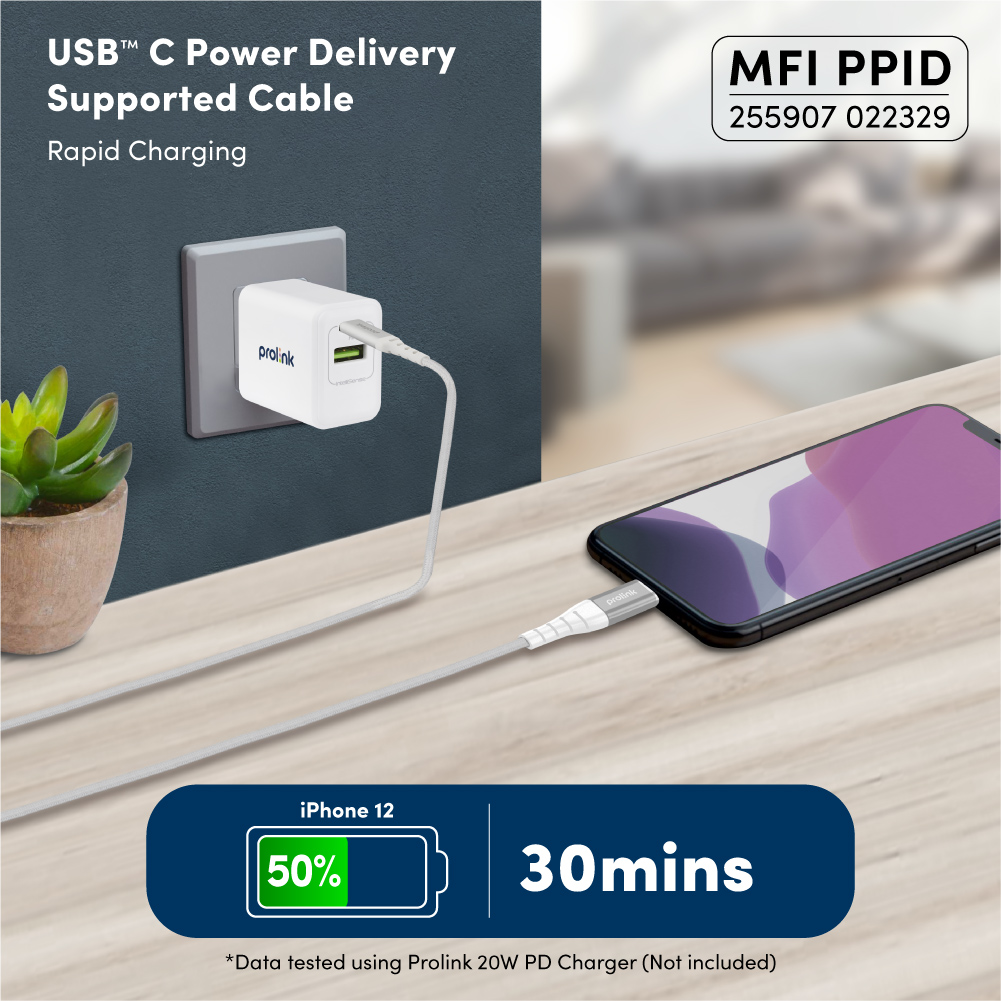 Dây sạc type C to lightning PROLiNK GCL_30_01 dài 1M, Sạc siêu nhanh 30W, Dành cho iPhone, iPad - Hàng chính hãng