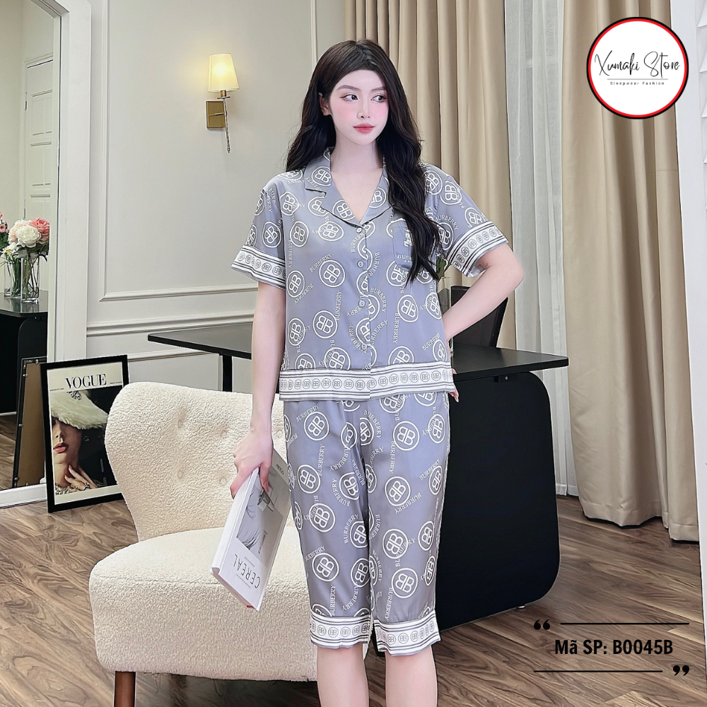 Bộ pyjama nữ áo cộc quần ngố họa tiết chữ chất lụa cao cấp Xumaki Store BO041B