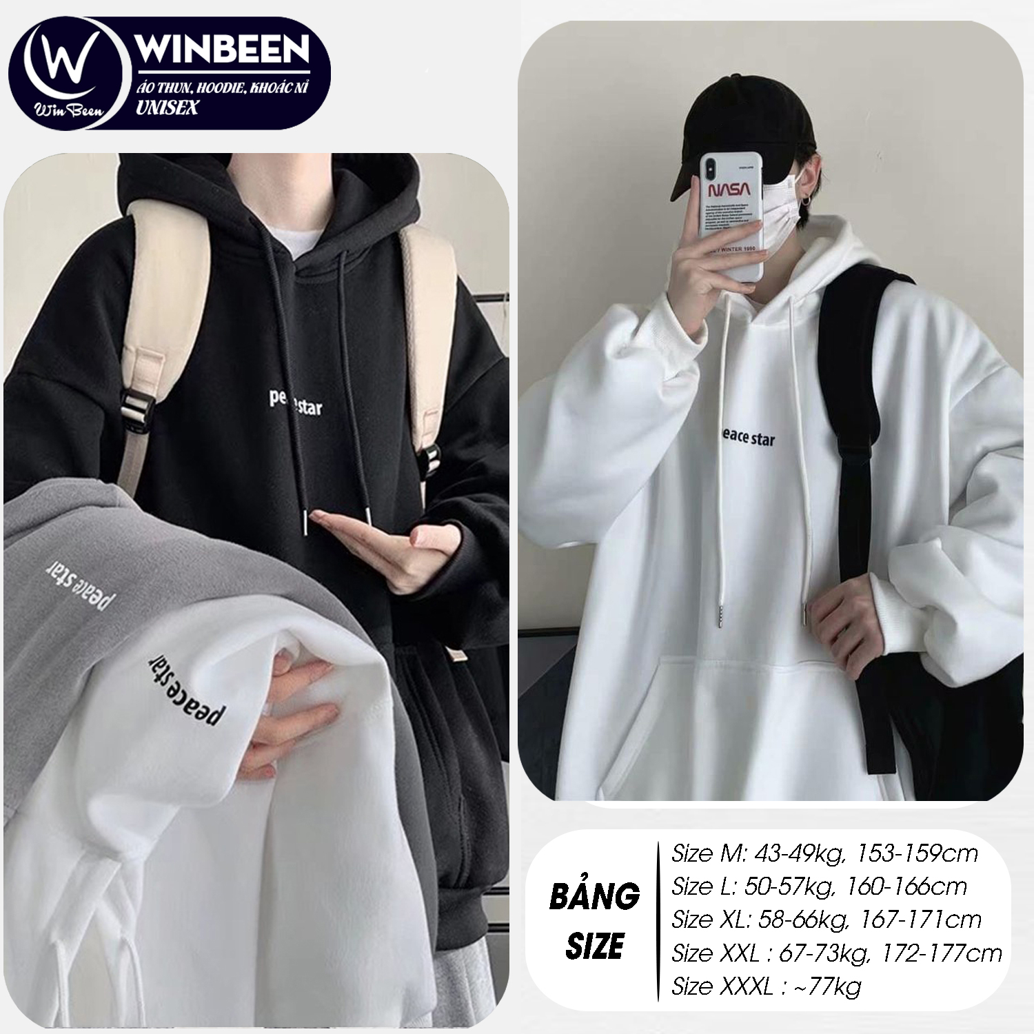 Áo khoác hoodie nỉ siêu rẻ phù hợp nam nữ,full 5 size 48-78kg WinBeen