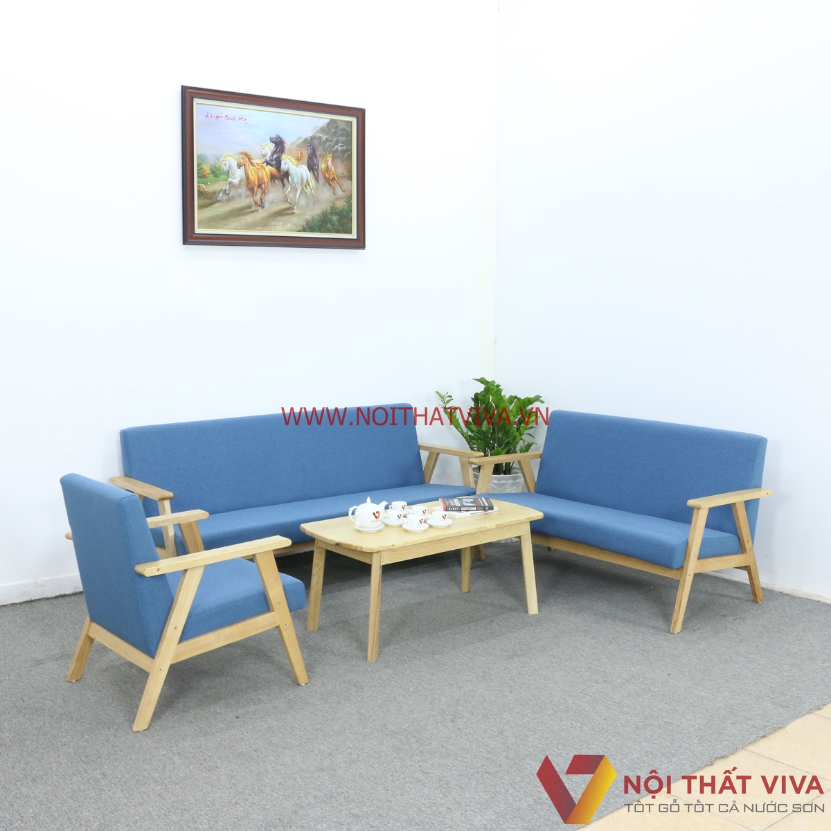 Bộ Sofa Văng Gỗ Sồi Nga Bọc Nỉ Màu Xanh Dương Đơn Giản Hiện Đại Giá Rẻ