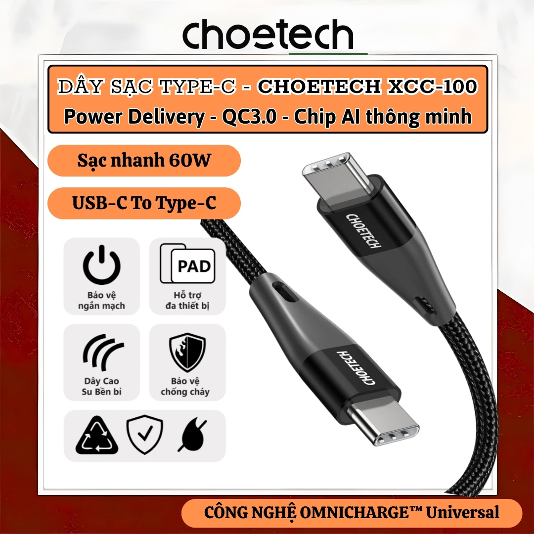Dây sạc nhanh QC3.0 PD 60W OMNICHARGE Universal USB-C to Type C Choetech XCC-100 cho iPhone / iPad  15 16 17 Pro Max Plus Fold Samsung Oppo MacBook, iPad, Android, Nintendo Switch - hàng nhập khẩu