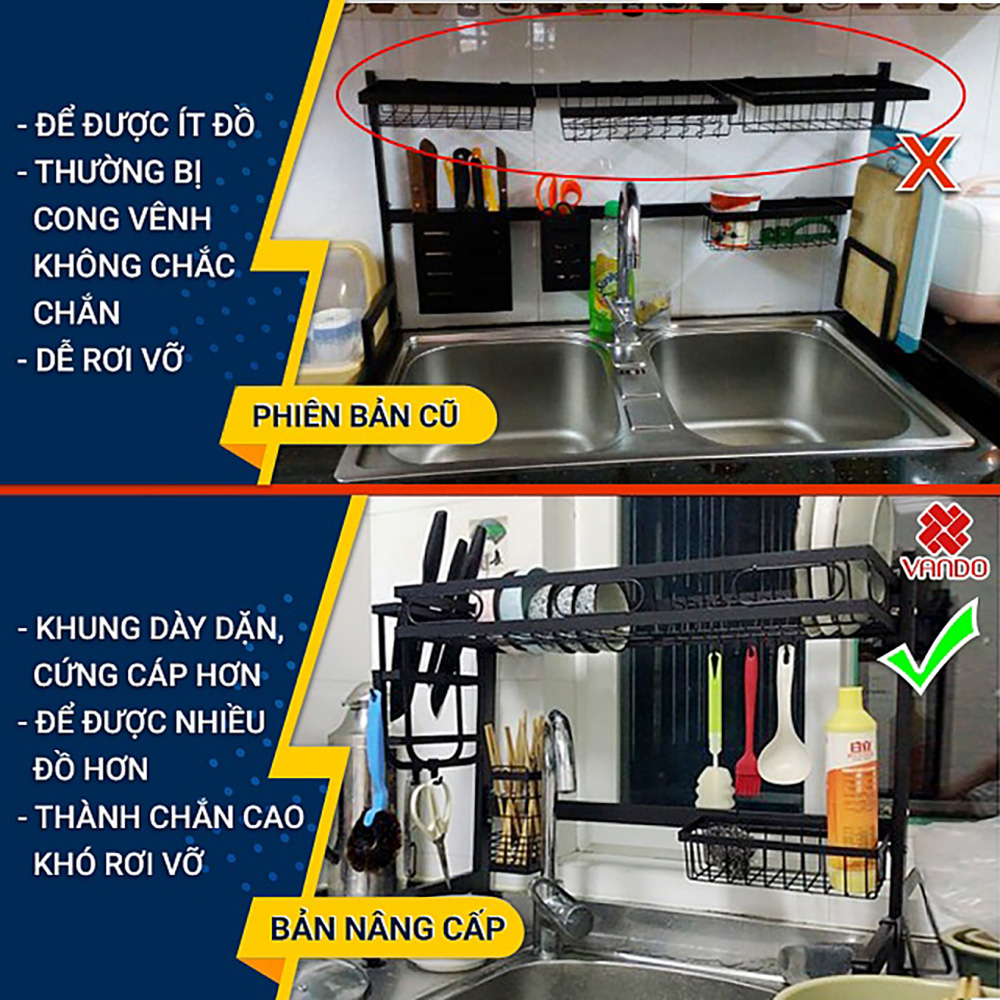 Kệ chén bát đa năng VANDO kích thước 2 tầng 95cm bằng thép carbon cao cấp không gỉ, giá để bát trên bồn rửa ráo nước cho nhà bếp sạch sẽ
