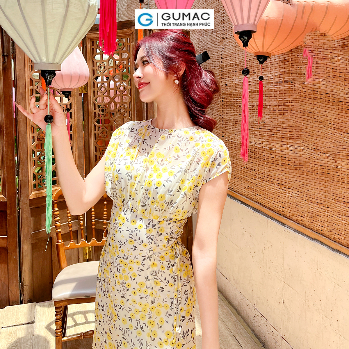Đầm họa tiết hoa kiểu phối dây eo thời trang nữ tính thanh lịch GUMAC DD07031