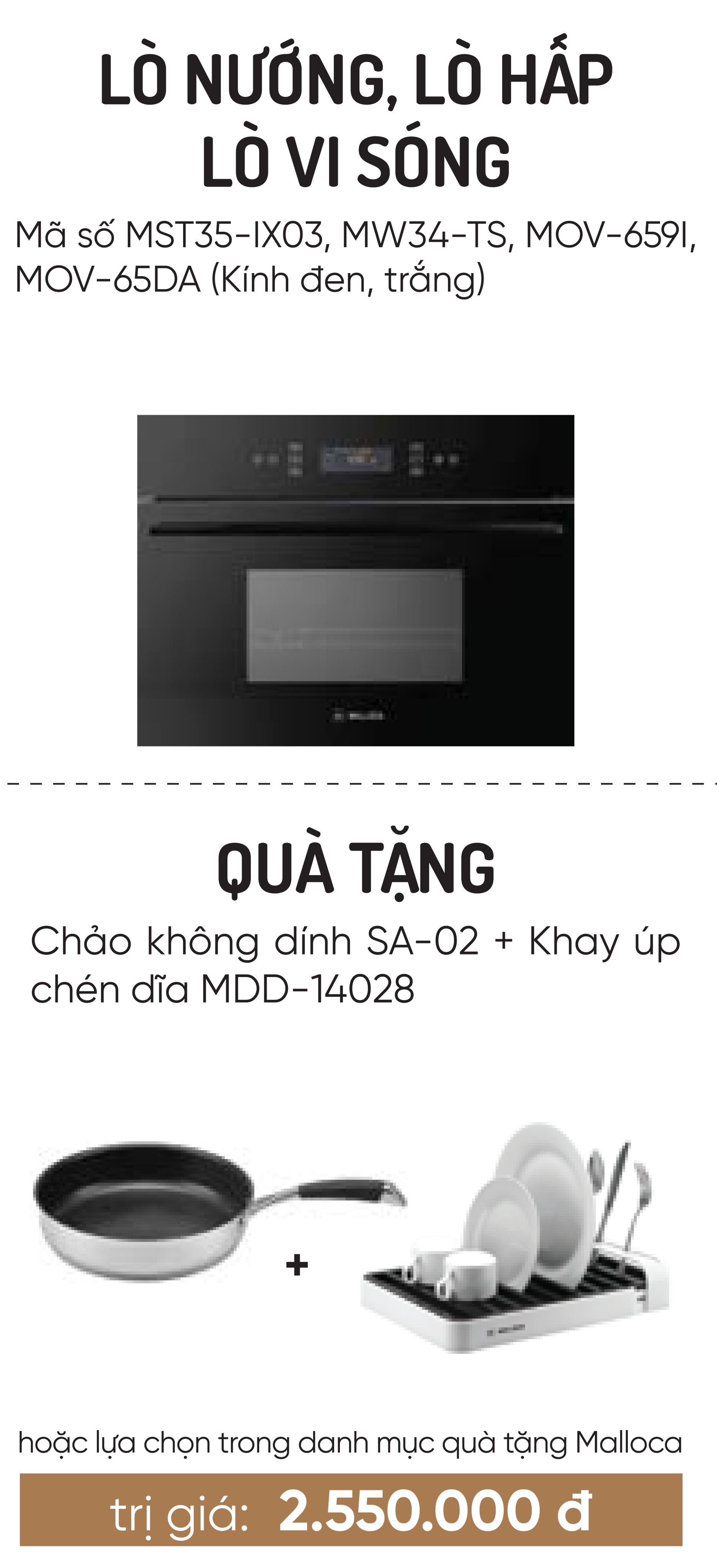 Lò nướng MOV-65DA (kính đen) - Tặng Chảo không dính SA-02 + Khay úp chén dĩa MDD-14028 - Hàng chính hãng