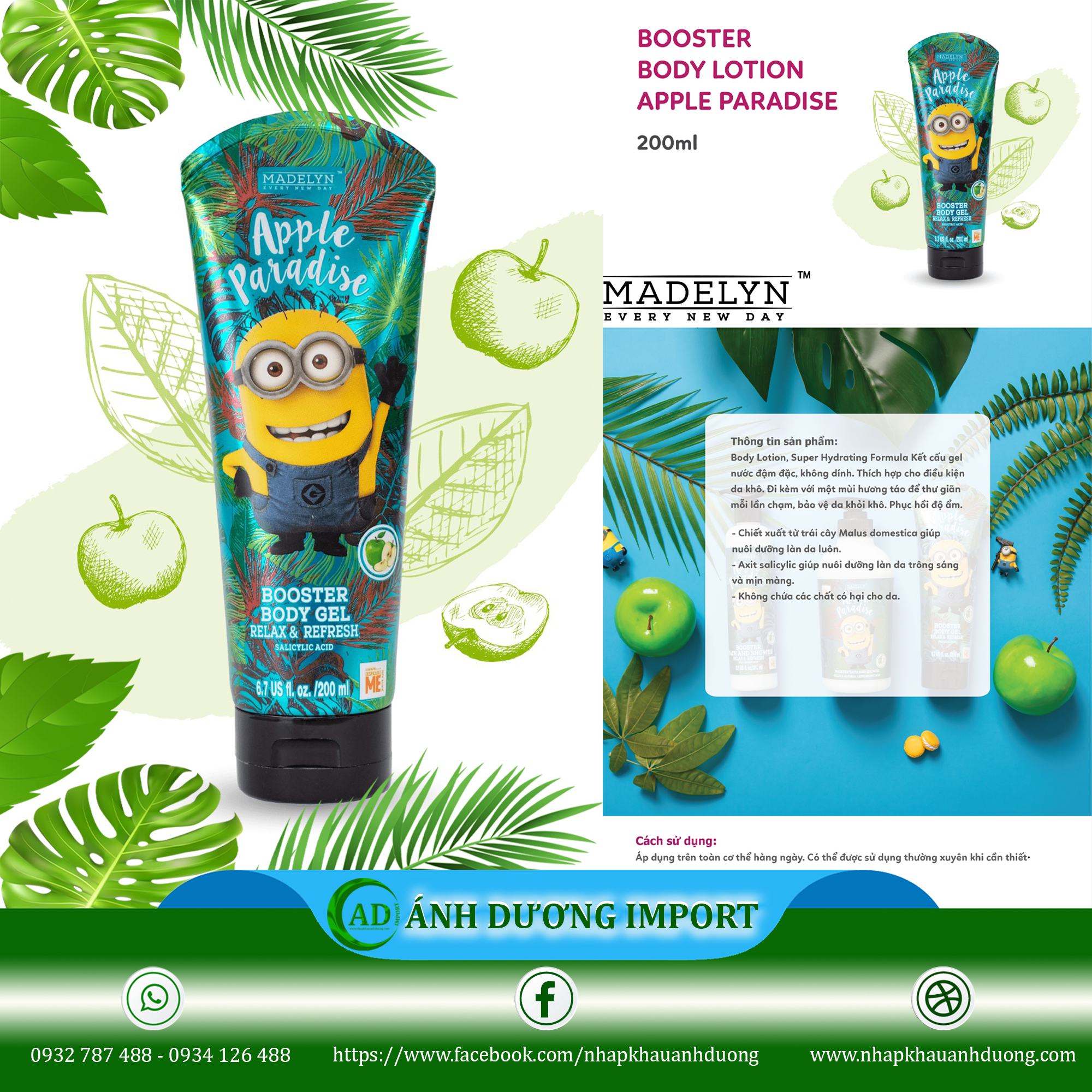 Sữa Dưỡng Thể Giúp Da Tươi Mát Khỏe Mạnh Hương Táo Xanh ( MADELYN MINION BOOSTER BODY GEL APPLE PARADISE) 200ml