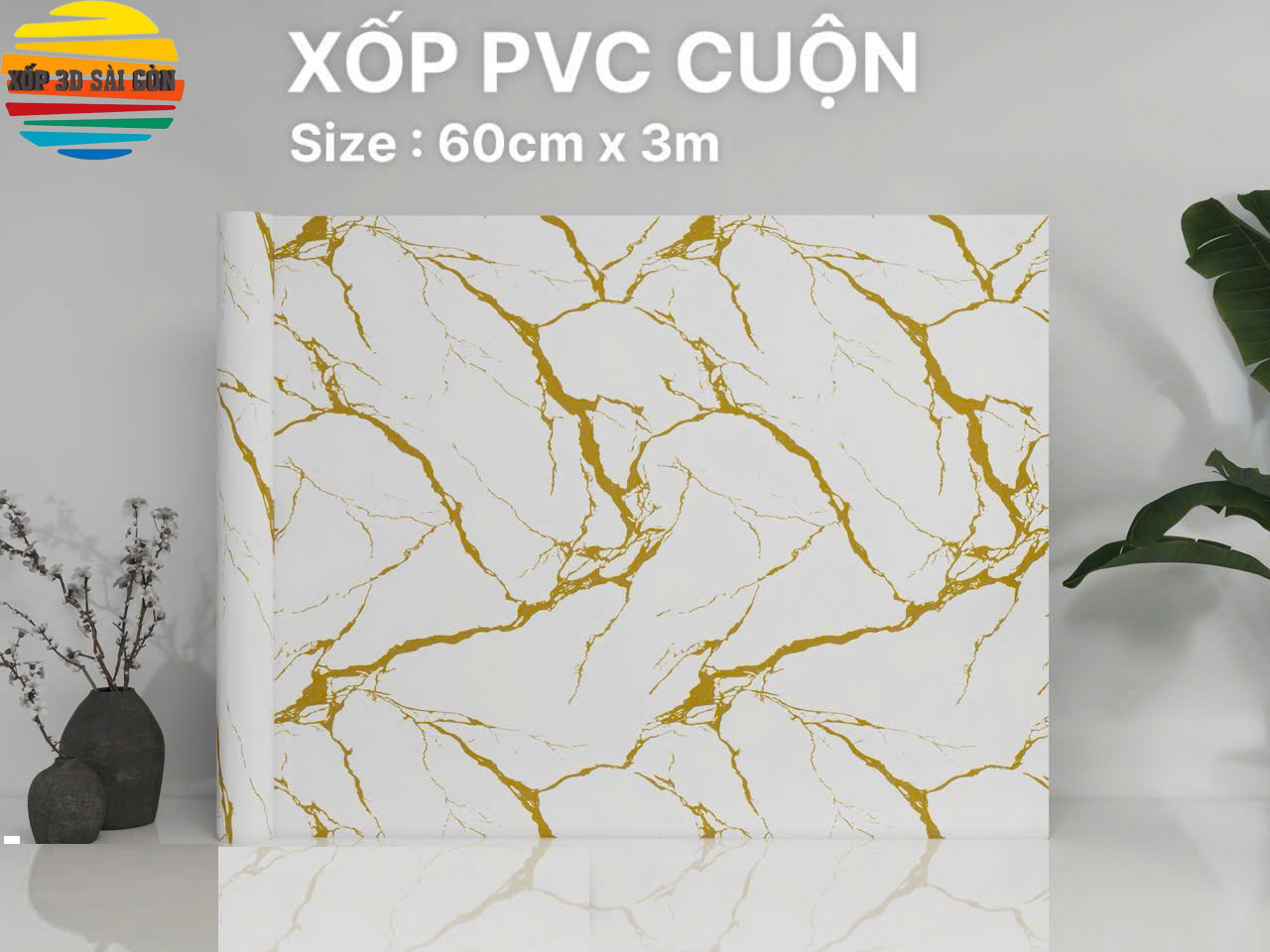 Cuộn Xốp PVC Đá Trắng Chỉ Vàng Sẵn Keo 0.6m*3m Dày 3mm