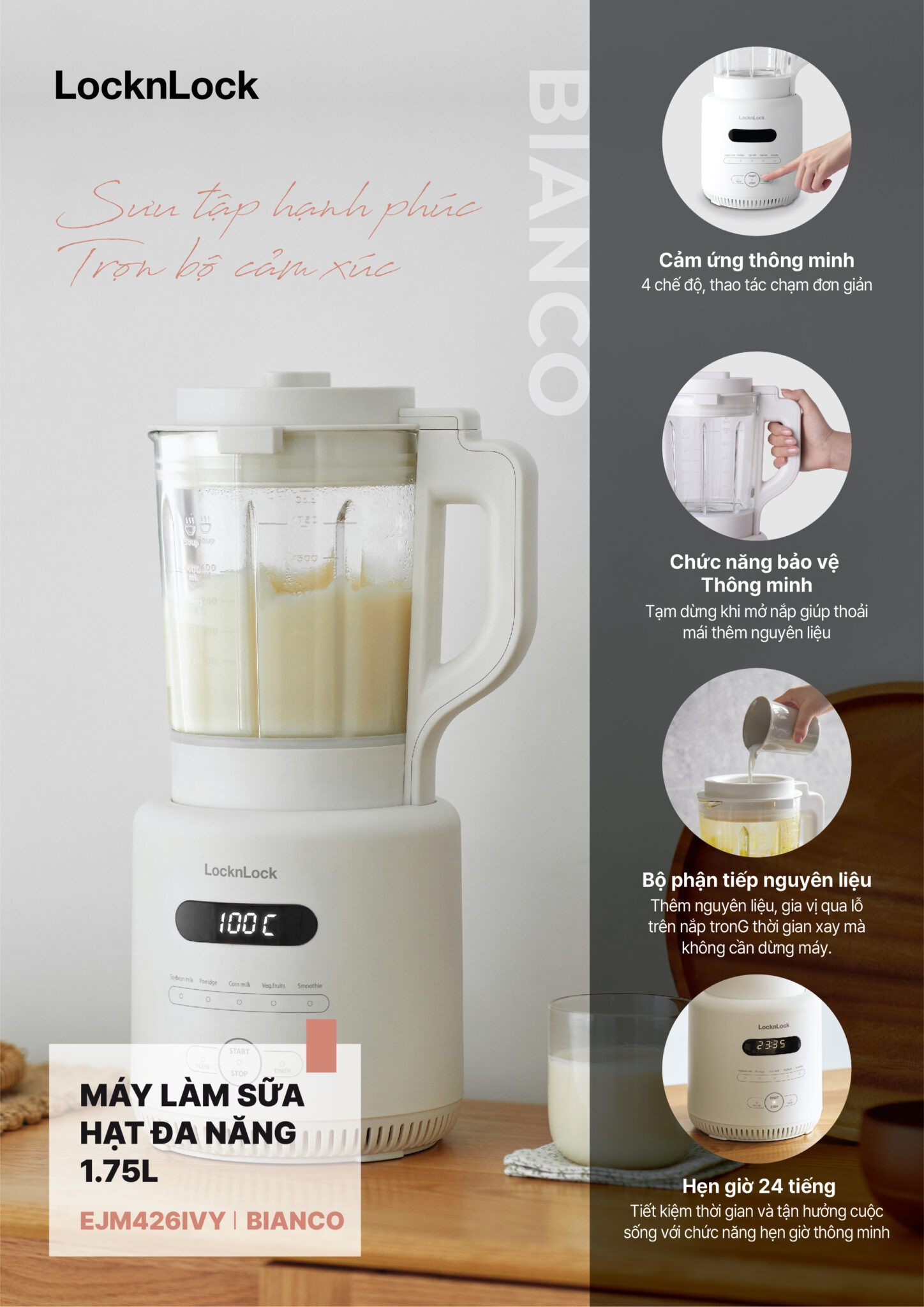 Máy làm sữa hạt đa năng Locknlock EJM486IVY heating blender - Dung tích 1.75L, 800W, 220V, 50Hz - Màu ngà - Hàng chính hãng