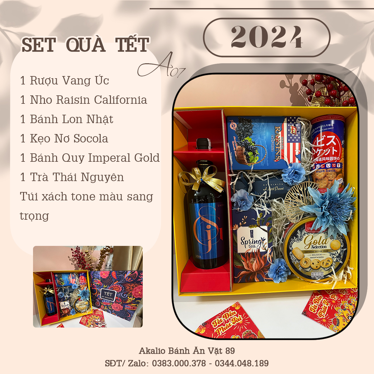 Set Hộp Quà Tết Lục Hợp Đồng Xuân Sang Trọng Thích Hợp Để Biếu Tặng Dịp Năm Mới Có Vang Đỏ, Trà, Bánh Kẹo Đủ Đầy, Ý Nghĩa