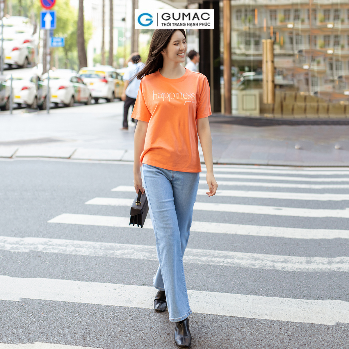 Áo thun nữ cotton tay ngắn cổ tròn in Happiness trẻ trung năng động thời trang GUMAC ATD07043