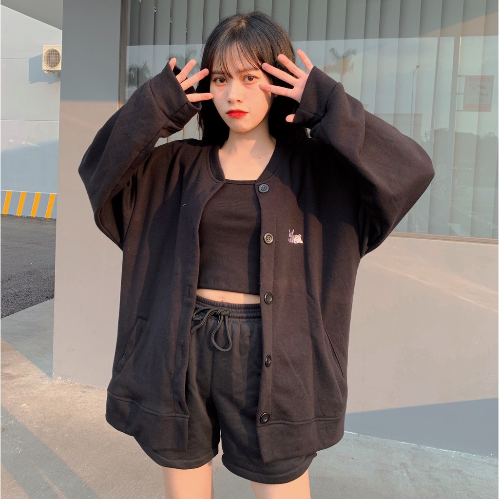 Áo nỉ hoodie thêu cún, gài nút form rộng xinh xắn