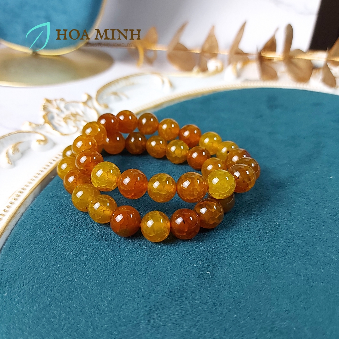 Vòng tay phong thủy đá Mã Não vân rồng vàng mật ong size hạt 10 li