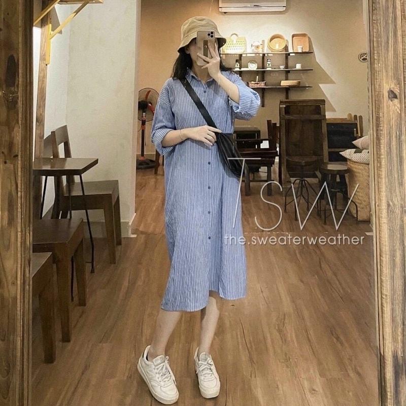 Đầm Sơmi Sọc Xanh Vintage Đầm Sơmi Dài Tay siêu xinhh