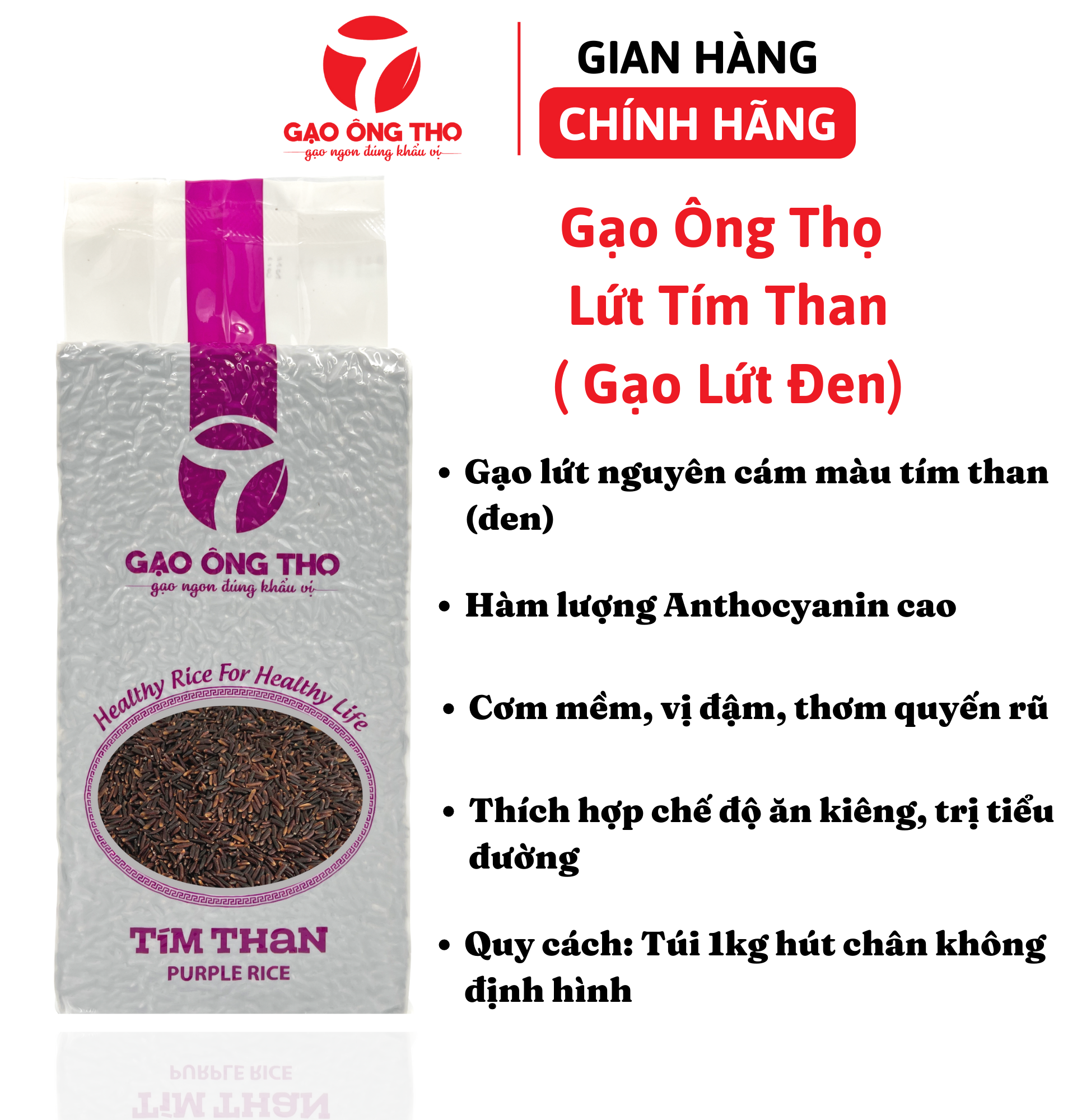 Gạo Ông Thọ - Gạo Lứt Tím Than túi 1kg