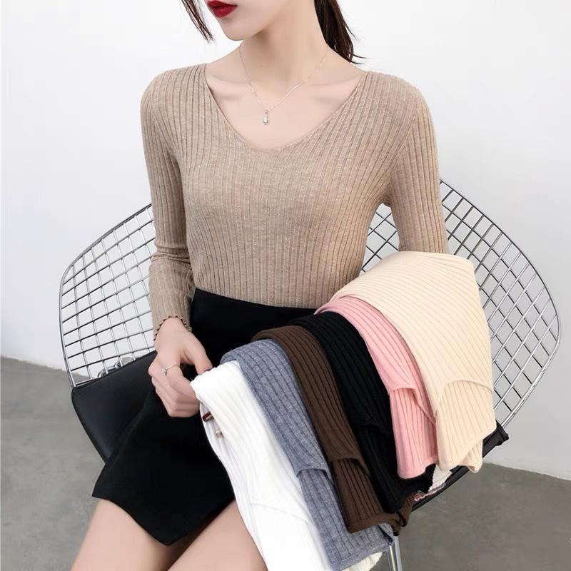 Áo len gân tay dài kiểu cổ tim trễ vai dáng ôm dệt kim len dày dặn hàng Quảng Châu cao cấp trẻ trung