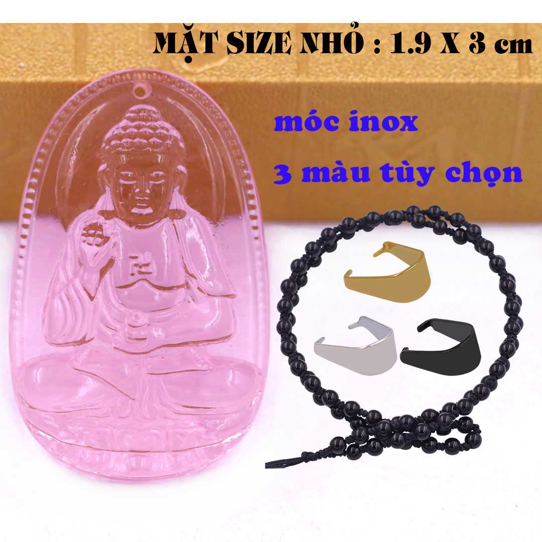 Mặt Phật A di đà pha lê hồng 1.9cm x 3cm kèm vòng cổ hạt chuỗi đá đen + móc inox vàng, Phật bản mệnh, mặt dây chuyền