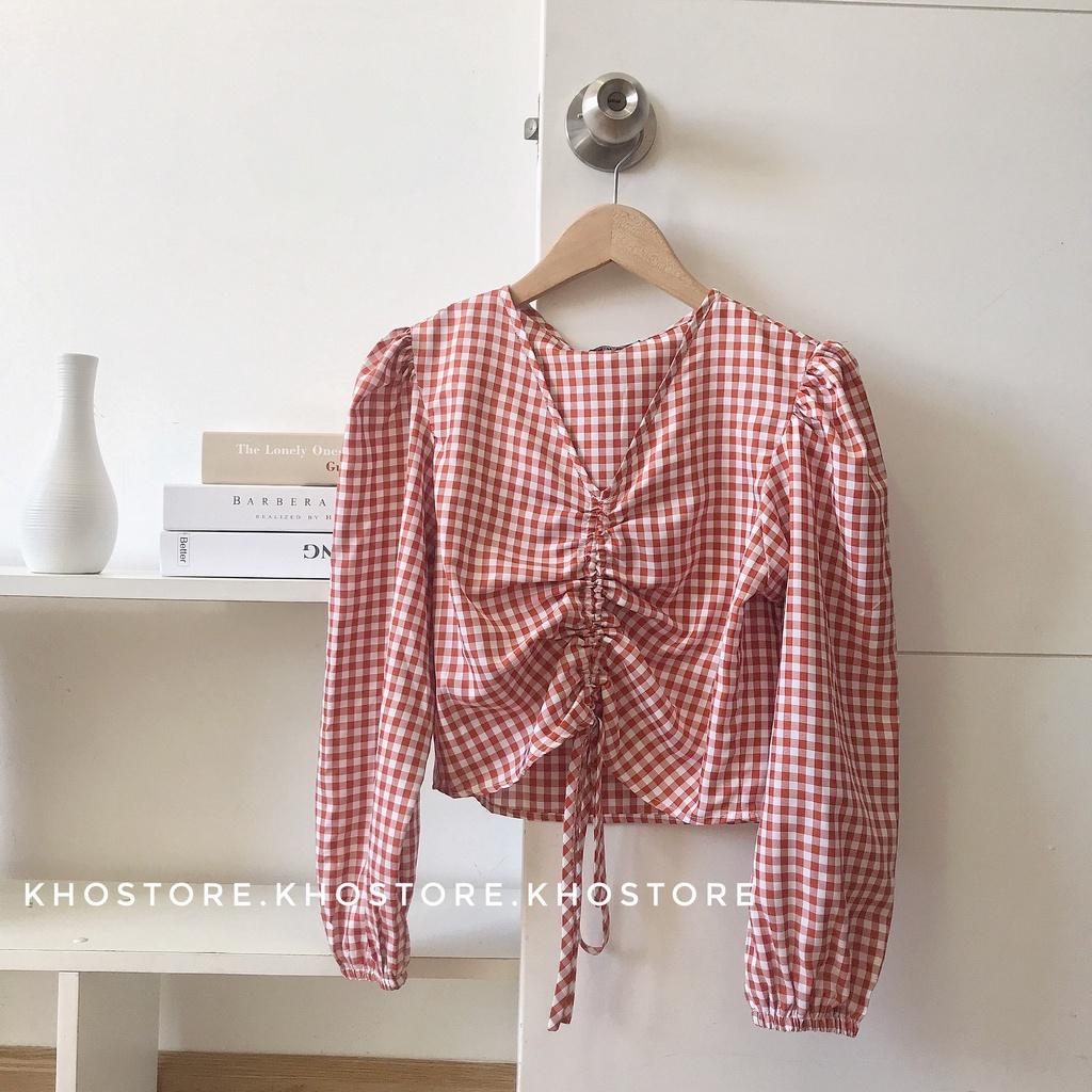 Áo croptop tay dài nhún ngực tôn dáng, áo đi biển tay phồng caro 2 màu, áo dây rút kiểu dáng hàn quốc, vải cotton mát