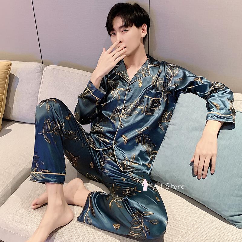 Bộ Đồ Ngủ Nam Dài Tay 4XL 5XL Satin LỤA Đen Bộ Đồ Ngủ Set 2021 Mới Nhà Thu Pijamas Phòng Chờ Khi Mặc áo Váy Ngủ