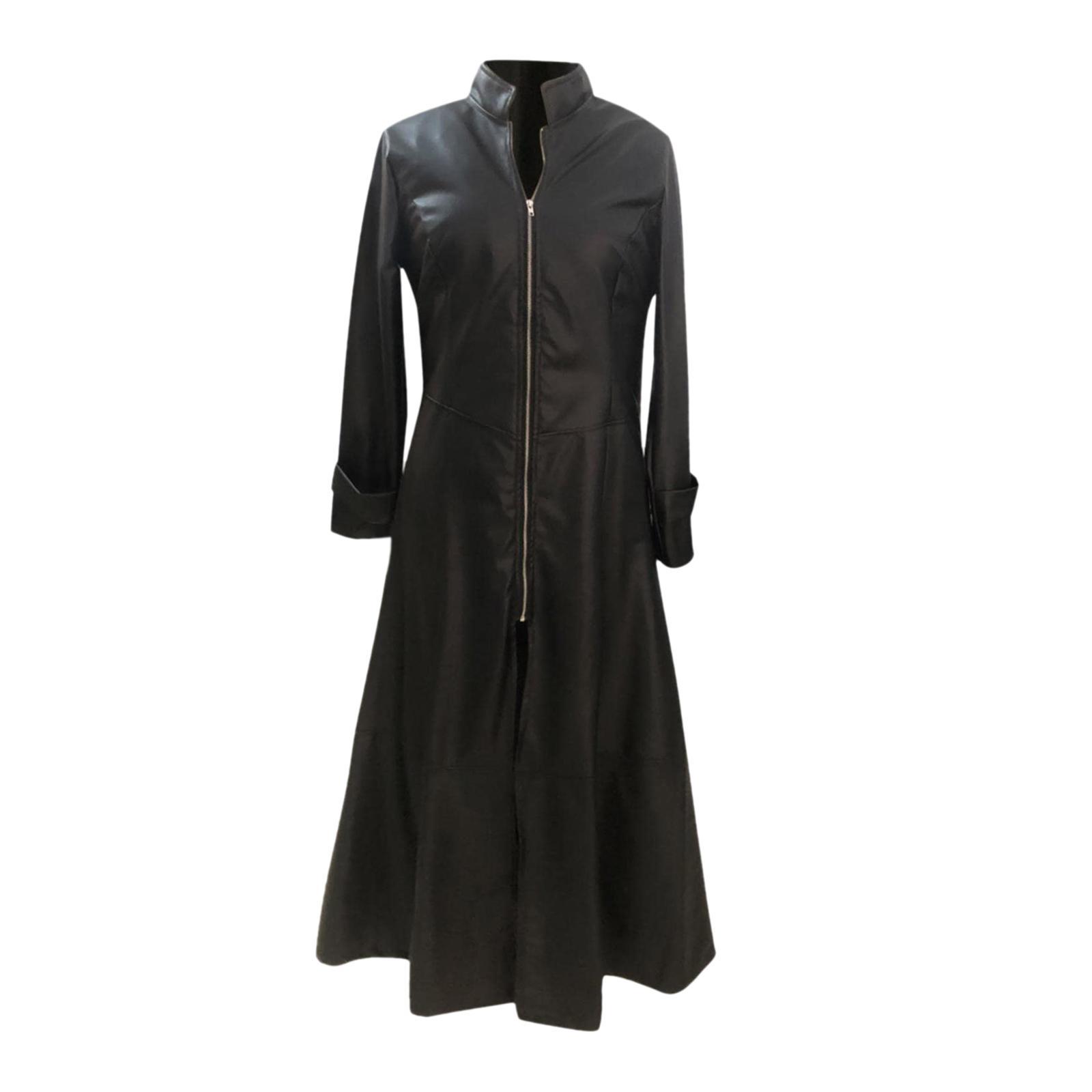Long coat dress jacket women winter pu leather S Black