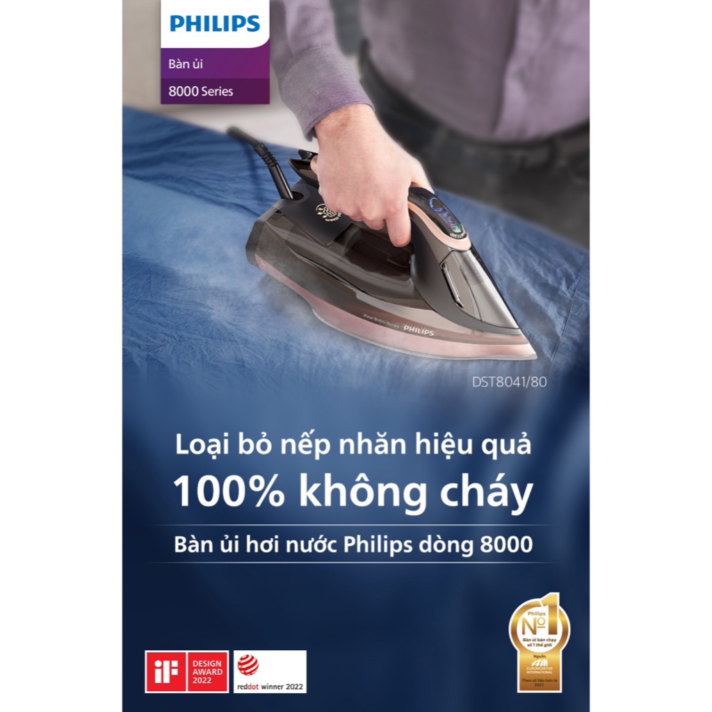 Bàn là, bàn ủi hơi nước cảm biến nhiệt Philips DST8041, công suất 3000W, bảo hành 2 năm | HÀng Chính HÃng
