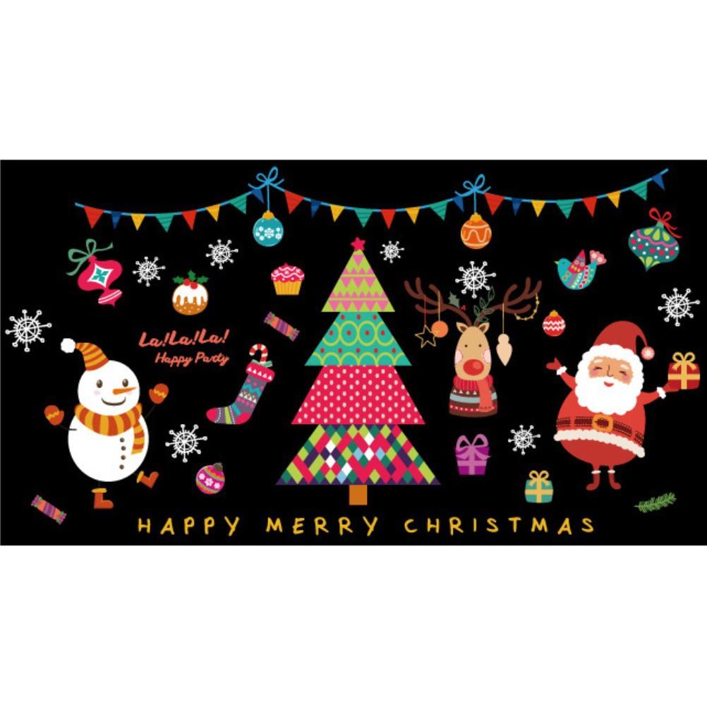 Decal trang trí noel ông già noel và người tuyết bên cây thông sắc màu