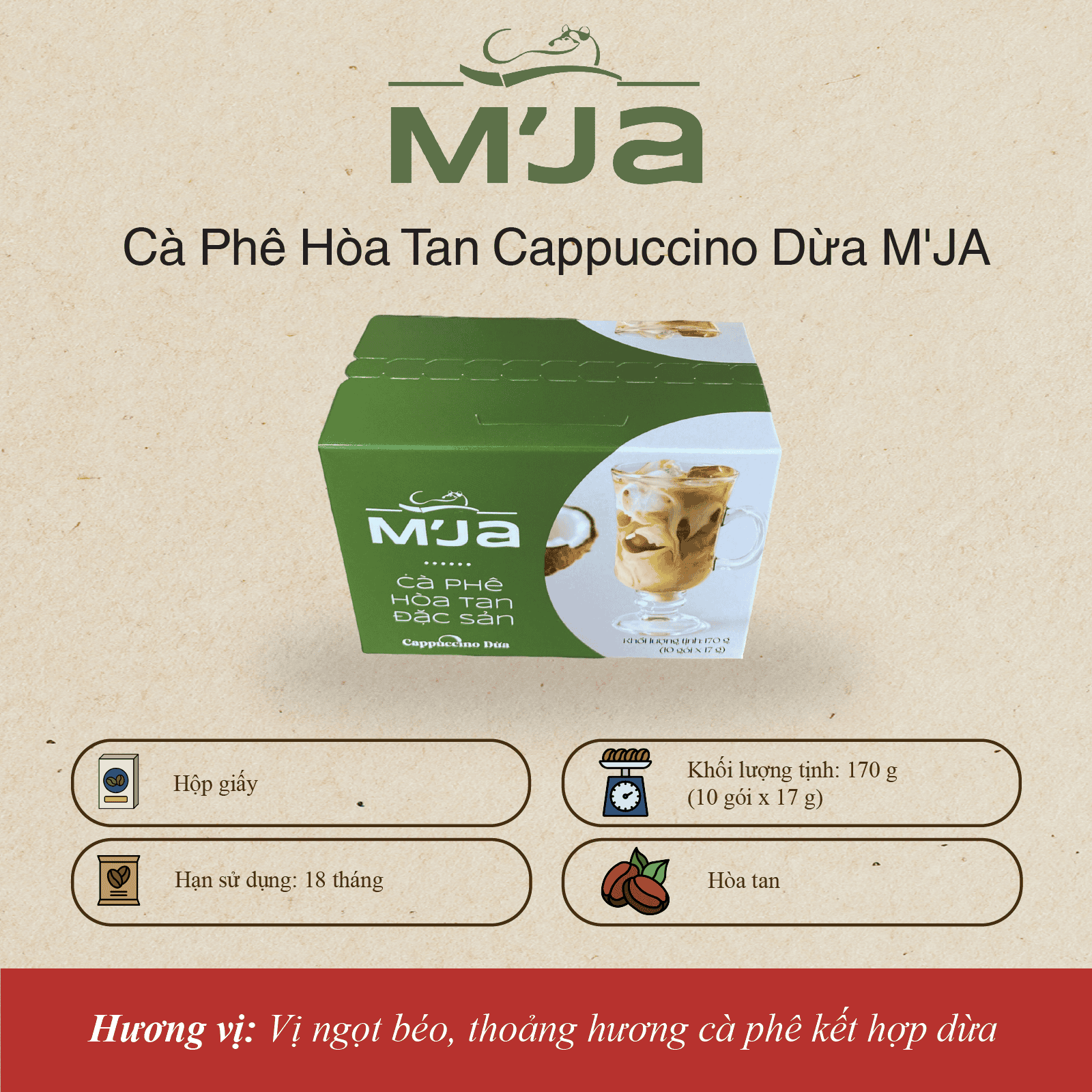 Cà Phê Hòa Tan Cappuccino Dừa M'JA - Vị Đắng Pha Chút Ngọt Dịu - Hộp 170g (10 gói x 17g)