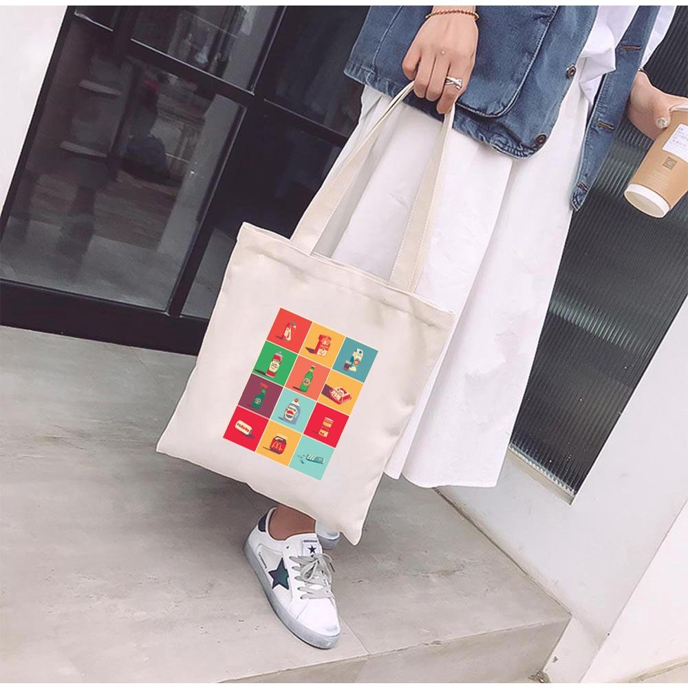 Túi tote vải mộc GINKO Basic có dây kéo khóa miệng túi đựng vừa laptop 14 inch và nhiều đồ dùng khác in hình pop art retro M107
