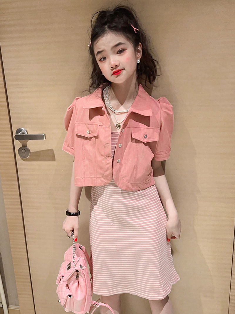 Váy bé gái, Set Váy 2 dây kẻ zip kèm áo khoác sành điệu Habi Fashion HB2312 chất vải mềm mát cho bé 10-30Kg