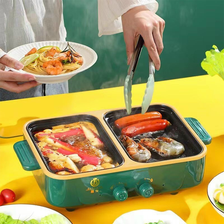 Bếp Lẩu, Nướng Mini 2 Ngăn SHABAN Cao Cấp 2 In 1 - Siêu Chống Dính, Đa Năng, Tiện Lợi