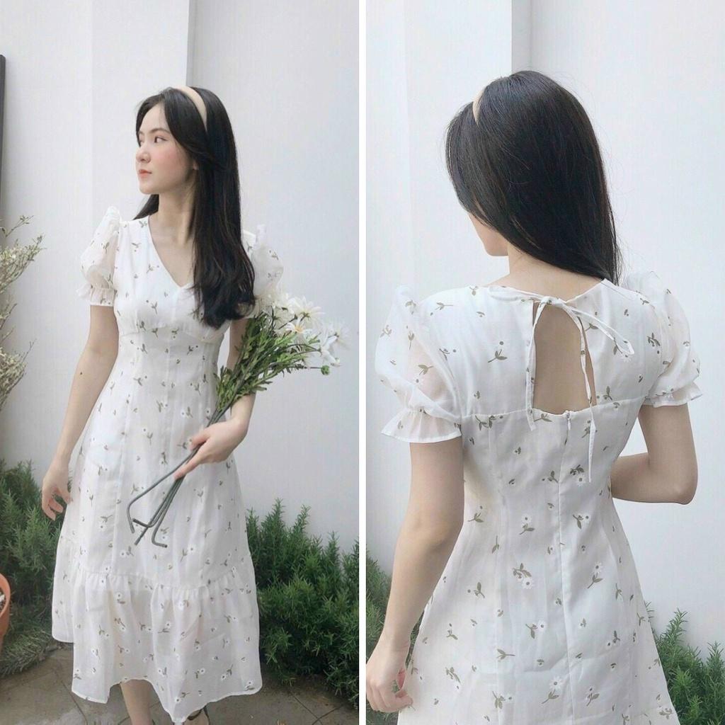Đầm hoa nhí trắng nơ lưng, Váy hoa nhí cổ tim vải hoa mát mẻ Cao Cấp dáng xòe tay ngắn cổ V MiNhi