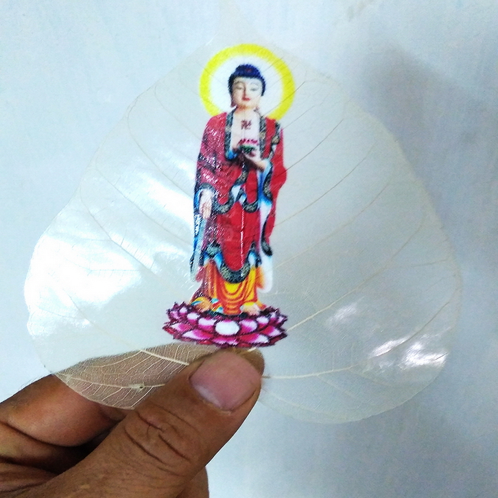 Tranh Phật in trên lá bồ đề có khung cáo cấp mẫu Tam thánh, phật adida, Tranh Phật Giáo HPB-2401-2