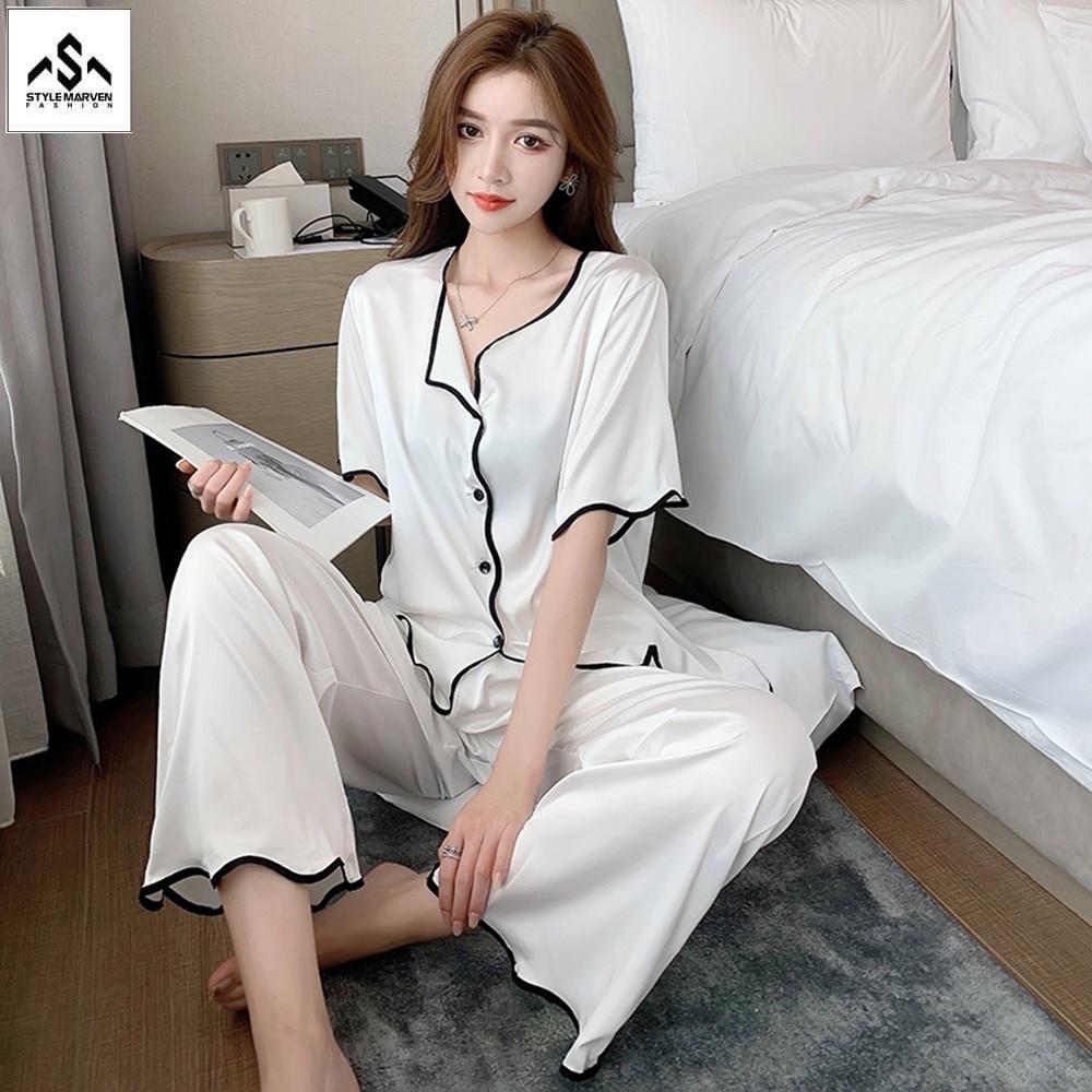 Set Quần Áo Pijama Nữ Ngắn Tay Vải Lụa Cao Cấp Màu Trắng Thanh Lịch Thời Trang STYLE MARVEN - WM SET 015V1