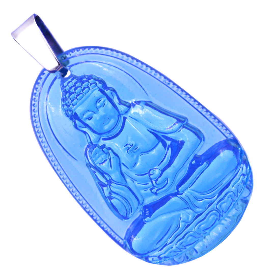 Mặt Phật A di đà thuỷ tinh xanh biển 3.6 cm kèm móc và vòng cổ dây cao su đen, Mặt Phật bản mệnh