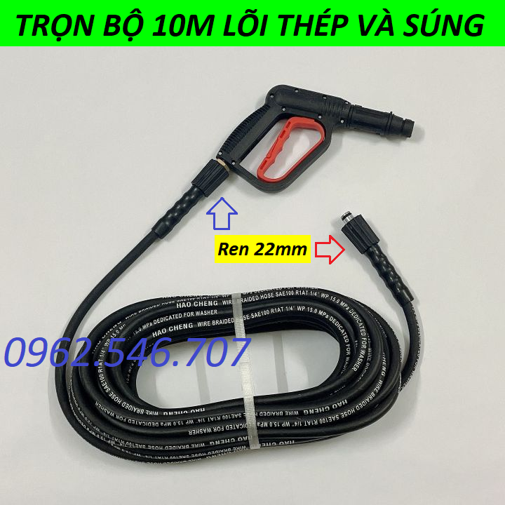 Combo súng rửa xe + dây rửa xe lõi thép 10m 15m 20m lắp cho máy rửa xe gia đình (ren nối với máy 22mm