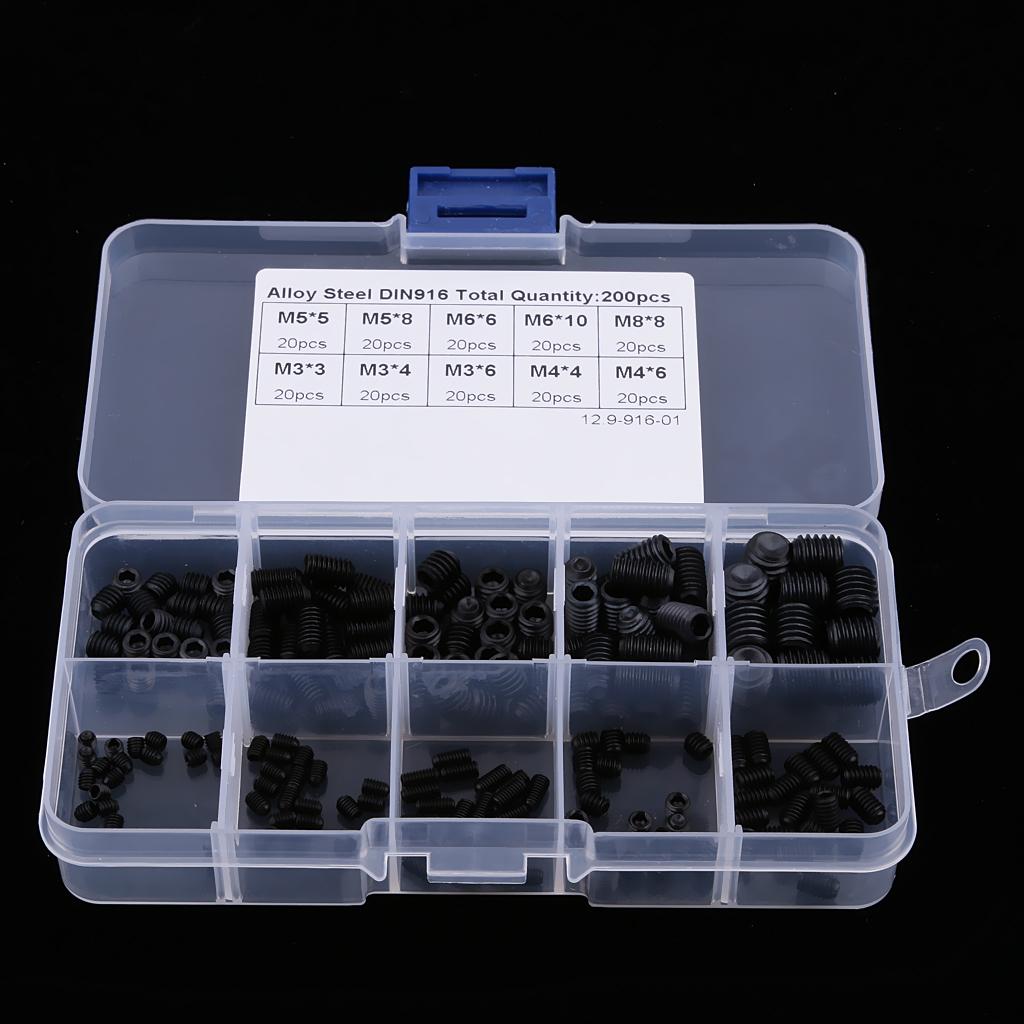 200Pcs M3 M4 M5 M6 M8 Carbon Steel Head Hex Socket Grub Screws Assorted Kit