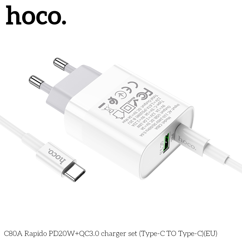 Hình ảnh Bộ Củ Sạc Hoco C80A Kèm Cáp Sạc type C to type-c sạc nhanh PD20W QC3.0 cho điện thoại Ipad samsung -hàng chính hãng