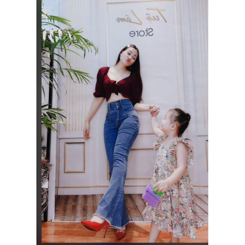 Quần jean nữ ống loe 2 túi trước chít thân co giãn
