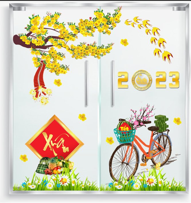 Decal trang trí tết cành mai vàng - cò sẵn keo PK623