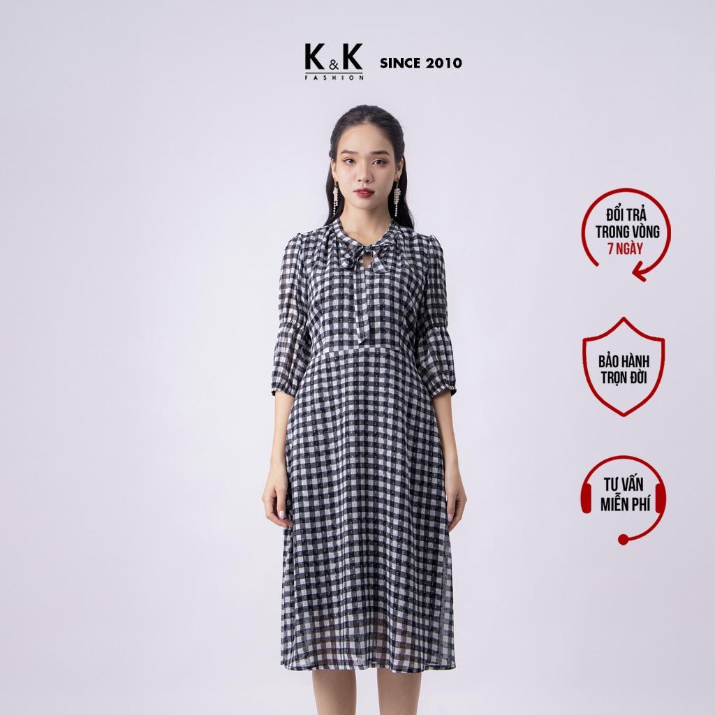 Đầm Xòe Tay Lỡ Họa Tiết Caro K&amp;K Fashion KK118-36 Chất Liệu Voan Crepe