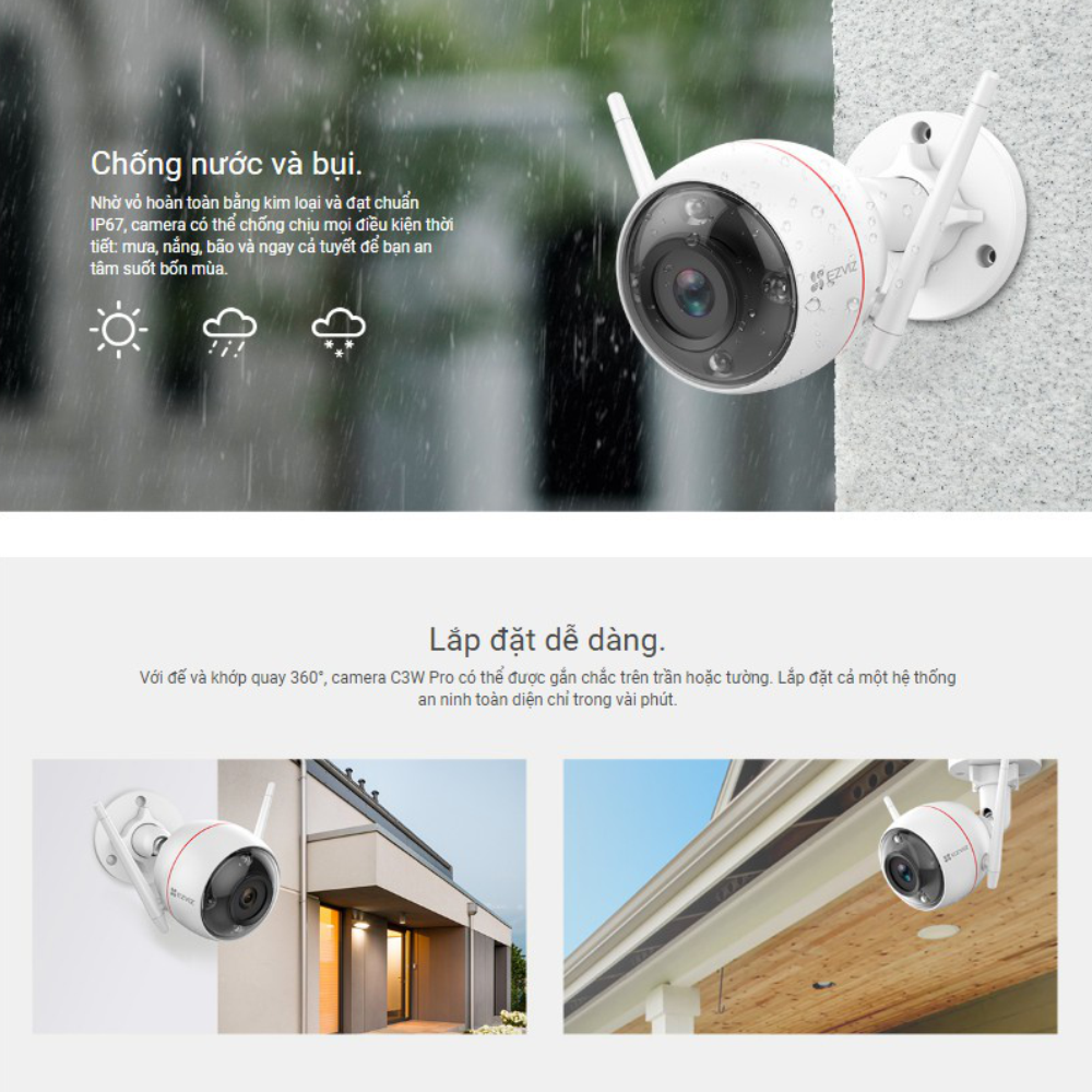 Camera EZVIZ C3W PRO 4MP, WIFI, Chống Nước IP67, Ghi Hình Màu Ban Đêm, Âm Thanh 2 Chiều, Đèn và Còi Báo Động - Hàng Chính Hãng