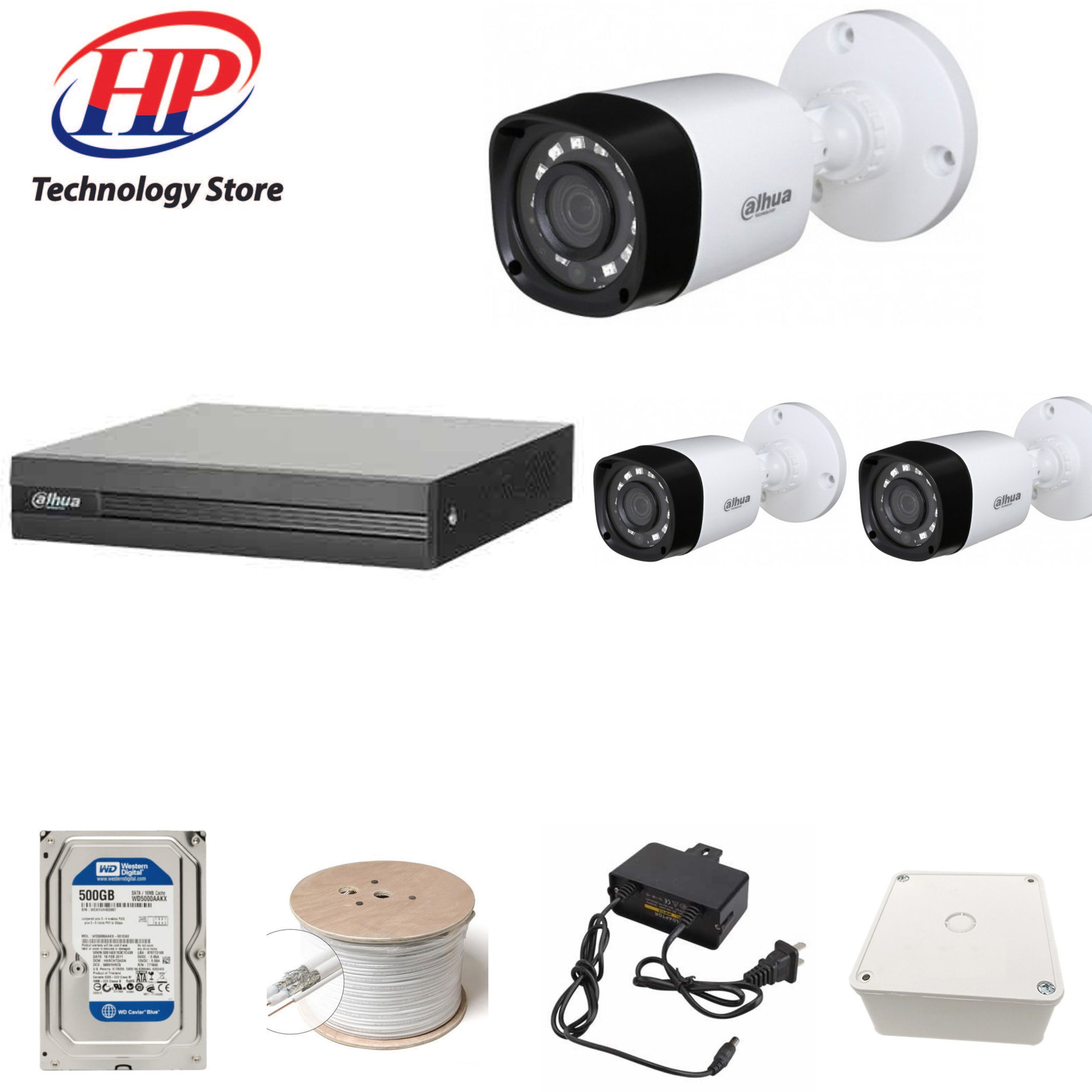 Trọn bộ 3 camera DH-HAC-B1A21P Đầu thu 4 cổng XVR1B04 đầy đủ phụ kiện, Hàng chính hãng