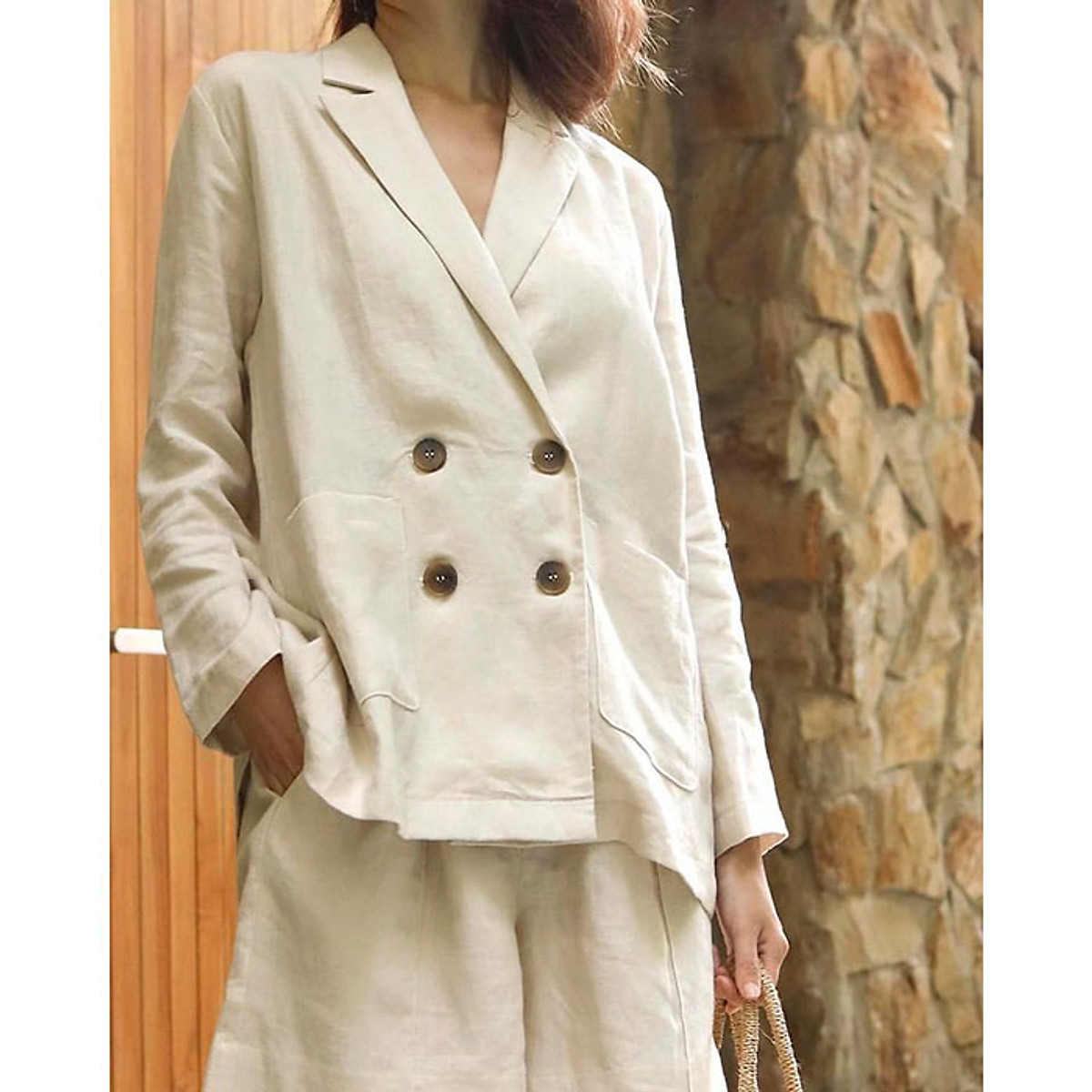 Set bộ Linen Áo vest blazer form rộng 4 khuy kèm quần short trẻ trung - Màu muối tiêu