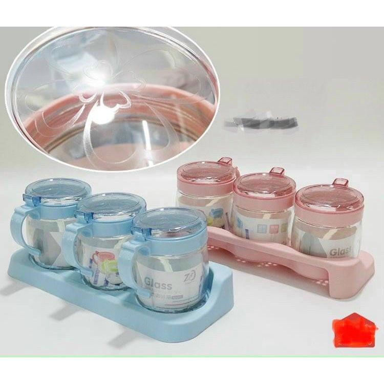 Bộ 3 hũ đựng gia vị thủy tinh kèm khay