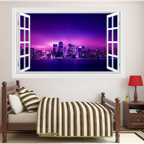 Decal trang trí khung cửa sổ 3D cảnh Thành Phố về đêm thật tuyệt