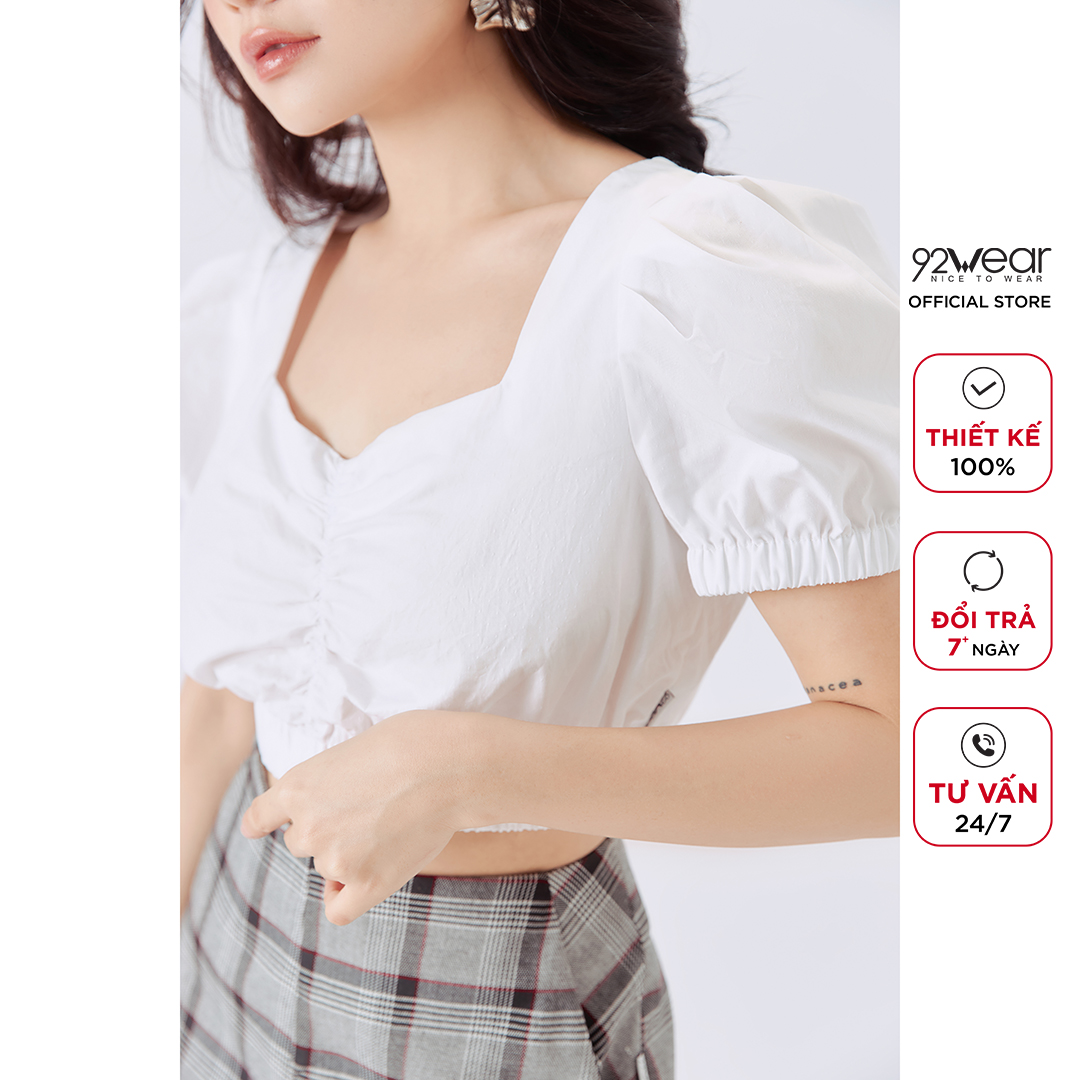 Áo sơ mi nữ ngắn tay 92WEAR kiểu dáng croptop chun eo tay bồng cá tính, tôn vòng 2 ASW1164