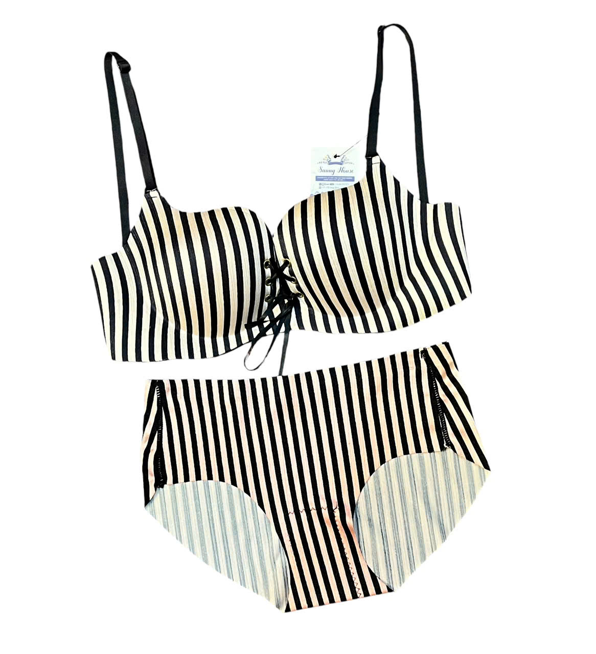 Bộ đồ lót sọc có gọng mút dày 3cm dây rút nâng ngực gợi cảm quần nguyên mông